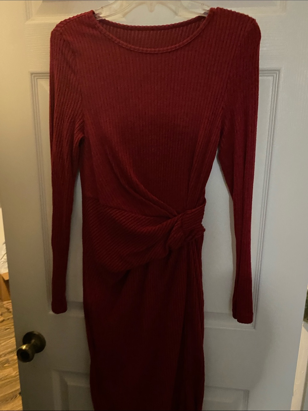 SHEIN Deep Red Long-Sleeve Ribbed Knot Waist Dress